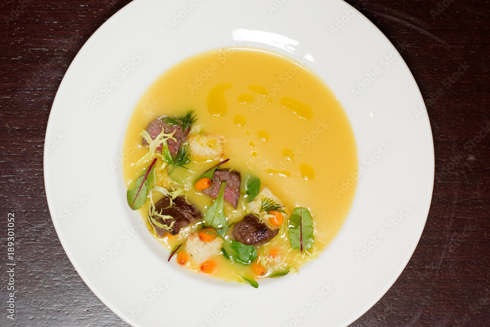 Chef s specialty presented in restaurant on served table Chef s specialty presented in restaurant on served table