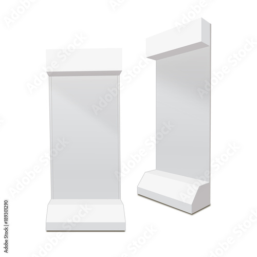 Advertising POS POI Retail Trade Stand stand banner on the white background. Mock Up Template. Front view and perspective view Vector illustration.
