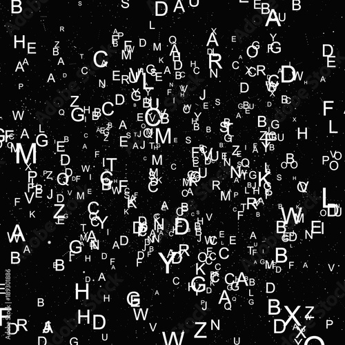 Abstract white alphabet fly on black background