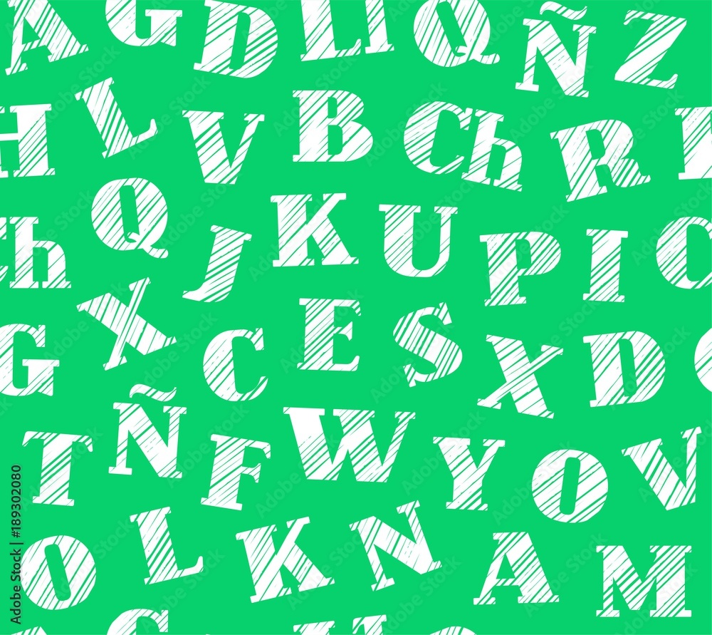 Spanish alphabet, seamless pattern, shading pencil, green, vector. Spanish alphabet. Hatching a white pencil on a green field. Simulation. Vector decorative background. Spanish alphabet, seamless pattern, shading pencil, green, vector. Spanish alphabet. Hatching a white pencil on a green field. Simulation. Vector decorative background.