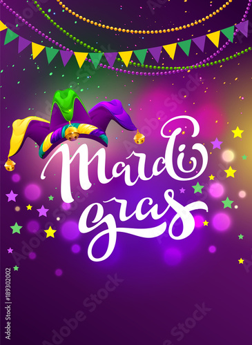 Banner for carnival mardi gras. Garland flag, handwritten text and clown cap symbol of masquerade