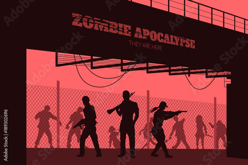 Poster Zombie apocalypse. Silhouettes of gunmans and dead peoples on bridge background. Video game: shooter. Horror thriller. Nightmare monsters. Vector ilustration