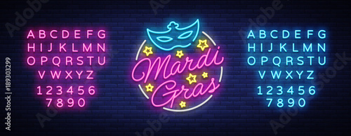 Mardi Gras design template for greeting cards, flyers, greeting. Fat Tuesday is a festive illustration in neon style, neon sign, holiday symbol, bright luminous banner. Vector. Editing text neon sign