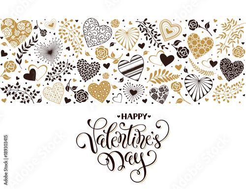 Happy Valentines Day greeting card with horisontal frame from hearts and floral elements. Romantic hearts in horisontal composition with calligraphic phrase on white background.