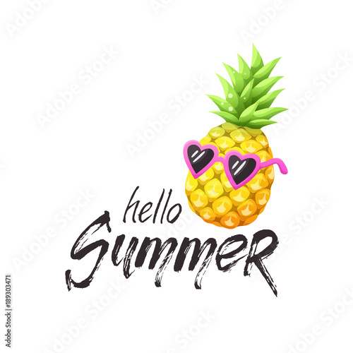 Hello summer grunge text with bright cartoon pineapple icon. Colorful pineapple in sunglasses isolated on white background. Vector illustration.