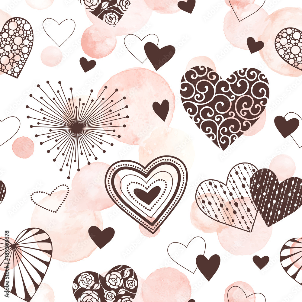 Cute vector hearts seamless background. Valentines day hearts ornament with  pink watercolor spots on background. Romantic tiled pattern for wrapping  paper and wallpaper design. Stock Vector | Adobe Stock