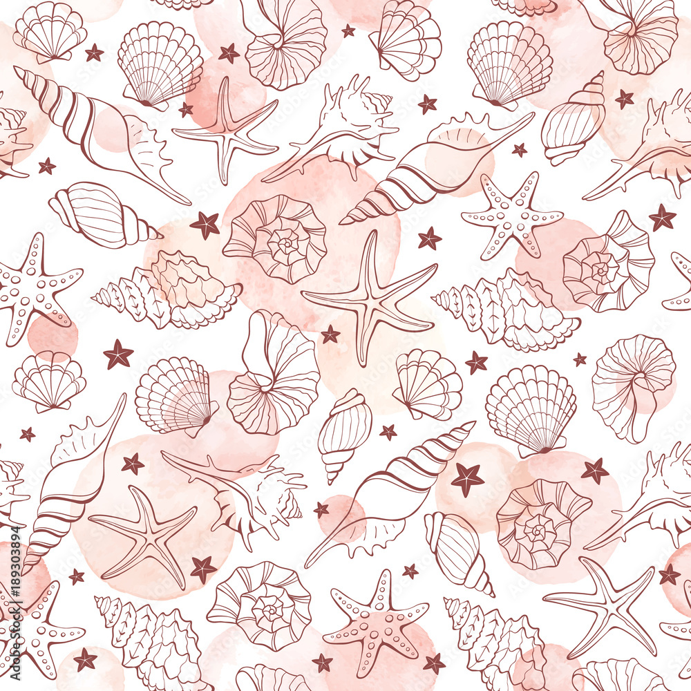 Marine seamless pattern from hand drawn vector sea shells and stars ...