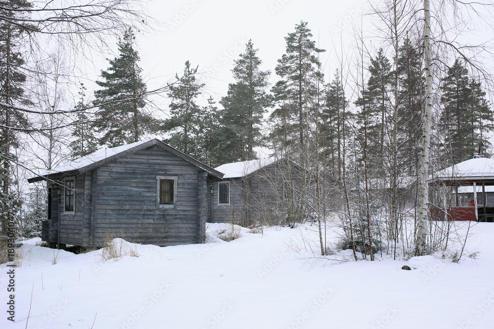Chalets in winter forest with snow, a horizontal picture Chalets in winter forest with snow, a horizontal picture