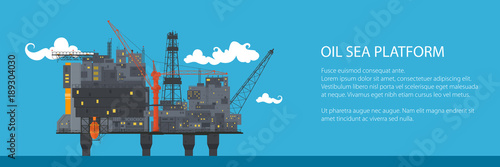 Banner with Offshore Sea Oil Platform at Sea, Oil Industry , Poster Brochure Flyer Design, Vector Illustration