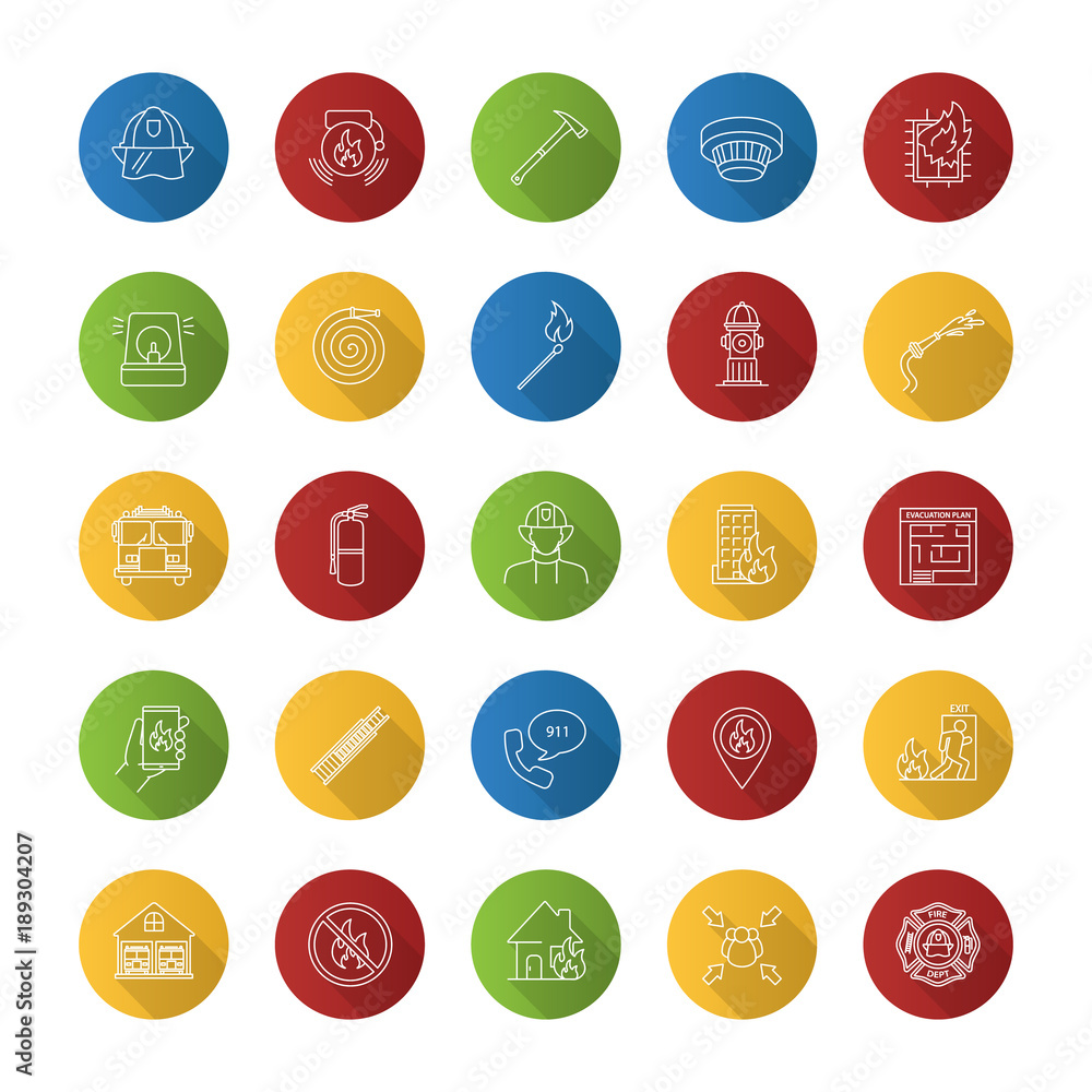 Firefighting flat linear long shadow icons set Firefighting flat linear long shadow icons set