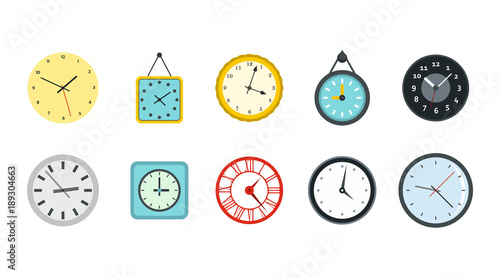 Wall clock icon set, flat style
