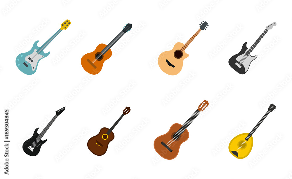 Naklejka premium Guitar icon set, flat style