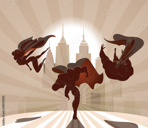 2569300 Superhero Team; Team of superheroes, flying and running in front of a urban background.