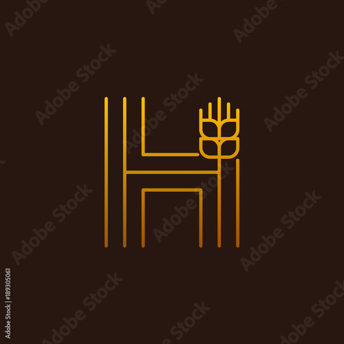 Letter H Line style logotype with wheat,rice organic grain products and healthy food vector illustration