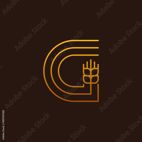 Letter G Line style logotype with wheat,rice organic grain products and healthy food vector illustration