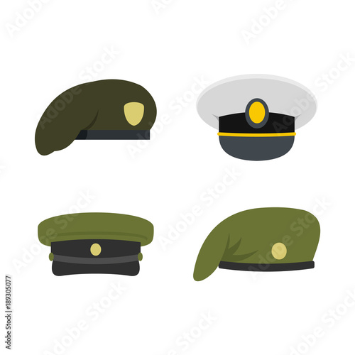 Military cap icon set, flat style