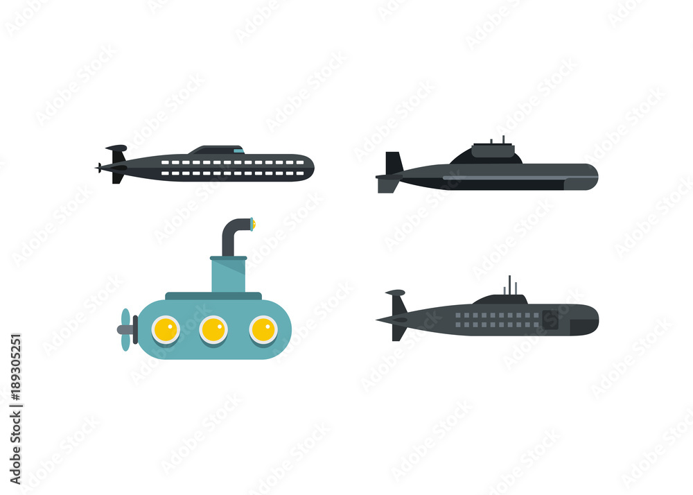 Submarine icon set, flat style