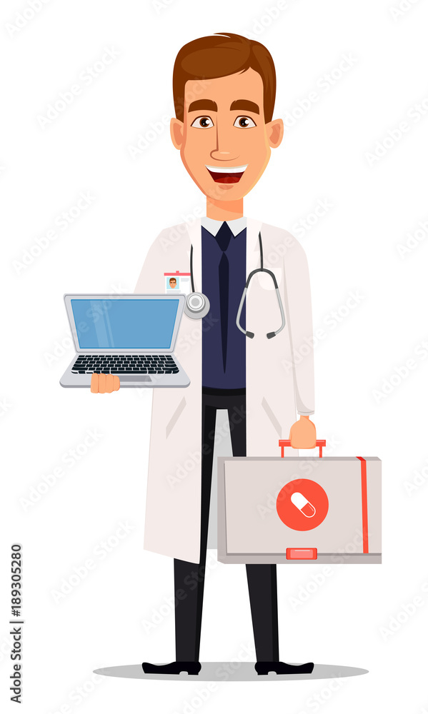 Young professional doctor holding laptop and first aid kit. Young professional doctor holding laptop and first aid kit.