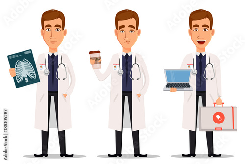 Young professional doctor, set with x-ray shot, with coffee and with laptop