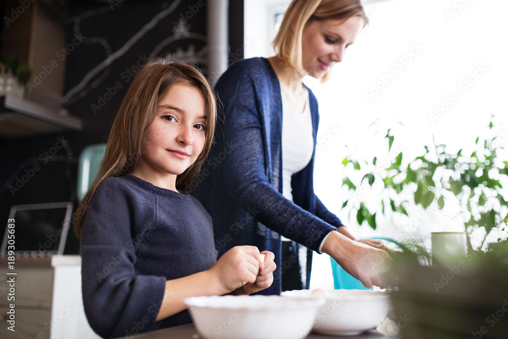 Fototapeta premium A small girl with her mother cooking at home.