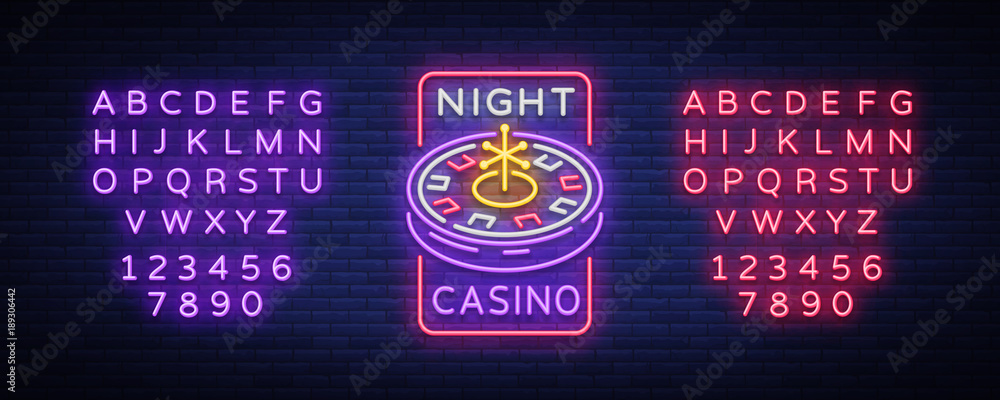 Night casino logo in neon style. Roulette Neon sign, luminous banner, night billboard, bright advertisement of casinos, gaming machines and gambling. Vector illustration. Editing text neon sign Night casino logo in neon style. Roulette Neon sign, luminous banner, night billboard, bright advertisement of casinos, gaming machines and gambling. Vector illustration. Editing text neon sign