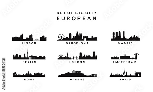 set of Big City European Skyline Silhouette vector template