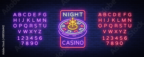 Night casino logo in neon style. Roulette Neon sign, luminous banner, night billboard, bright advertisement of casinos, gaming machines and gambling. Vector illustration. Editing text neon sign