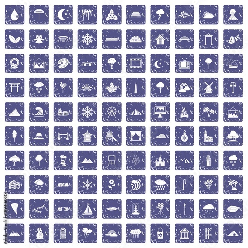 100 scenery icons set grunge sapphire