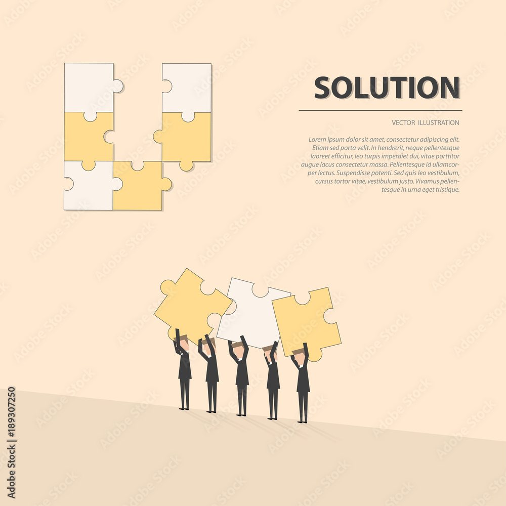 Businessmen helping together to fulfill the puzzle by pieces together in a logical way, in order to arrive at the correct solution.