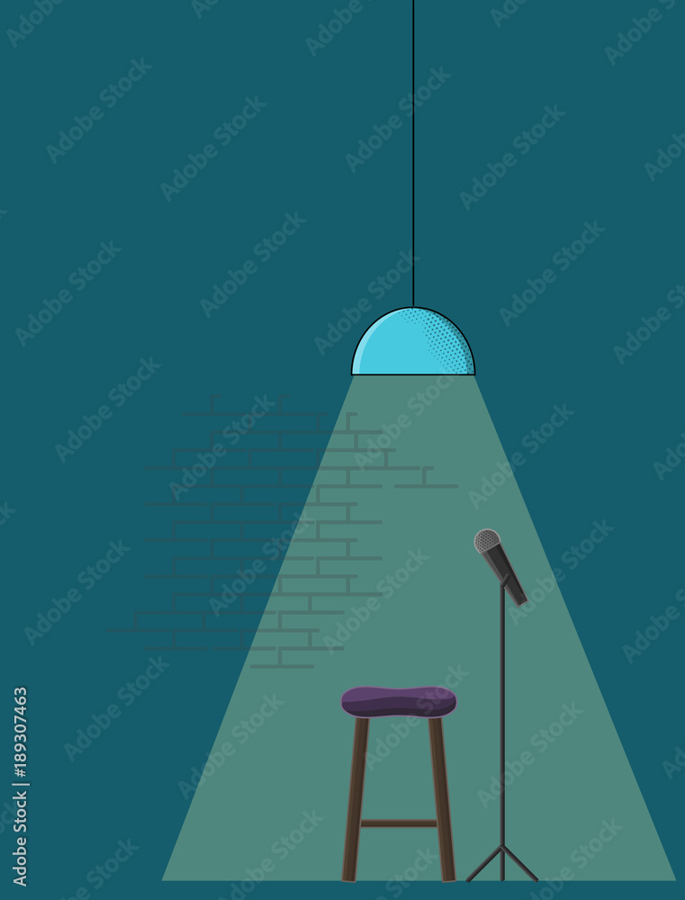 Open microphone standup comedy poster template. Line art style illustration  with microphone, standup stool and trendy bar lamp. Векторный объект Stock  | Adobe Stock