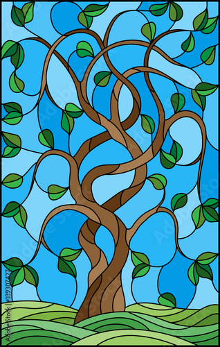 Illustration in stained glass style with twisted green  tree on sky background 