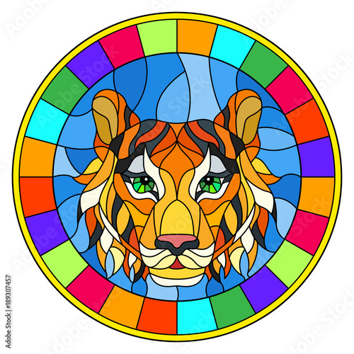 Fototapeta Naklejka Na Ścianę i Meble -  The illustration in stained glass style painting with a tiger's head , a circular image with bright frame