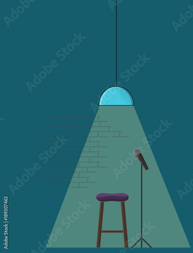 Open microphone standup comedy poster template. Line art style illustration with microphone, standup stool and trendy bar lamp.