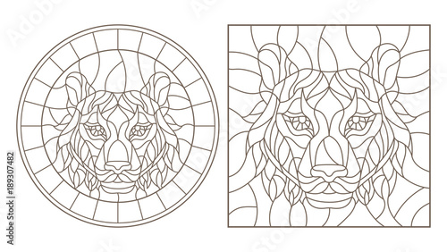 Fototapeta Naklejka Na Ścianę i Meble -  Set contour illustrations of stained glass with a tiger head, round and square image, dark contours on white background