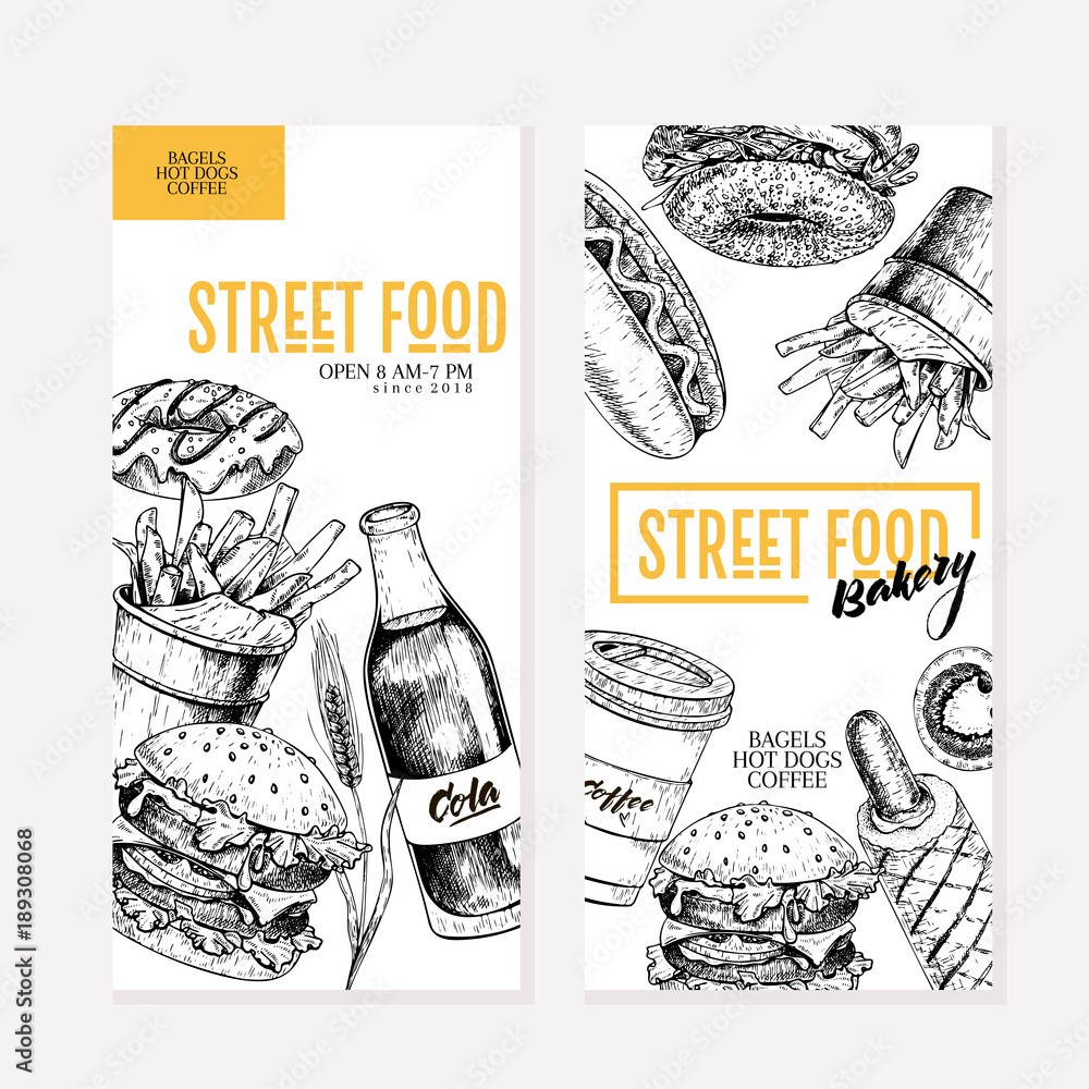 Vettoriale Stock Hand drawn fast food flyers. Street food creative  banner.Burger, soda, fries, bagel, donut, hot dogs. engraved vector  illustration. For restaurant menu street food advertisement poster | Adobe  Stock