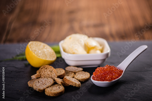 detail close up of red caviar fish egg salmon roe 