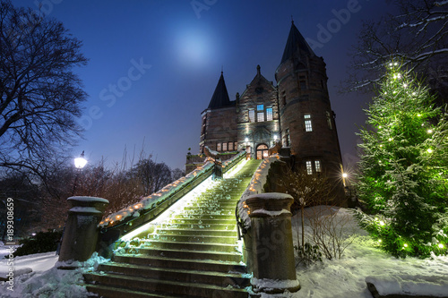 Teleborg Castle at snowy night in Vaxjo, Sweden photo