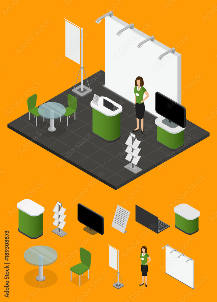 Exhibition Show Stand and Elements Part for Presentation Isometric View. Vector