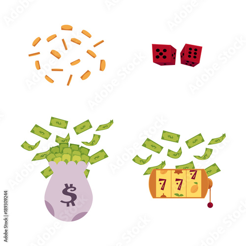 vector flat bag with dollar cash, golden coins rain, gambling lucky triple seven Jackpot, golden slot mashine with dollar rain, red dice cubes. Isolated illustration, white background.