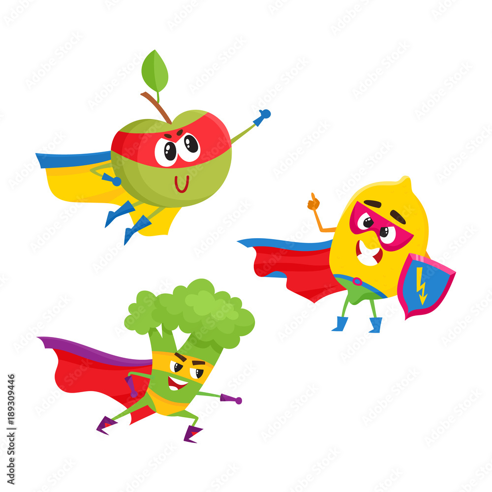 vector flat cartoon funny fruit, vegetable character in masks set. Lemon holds shield , broccoli ready to fight, apple flying like superman. Isolated illustration on a white background. Stock Vector | Adobe Stock vector flat cartoon funny fruit, vegetable character in masks set. Lemon holds shield , broccoli ready to fight, apple flying like superman. Isolated illustration on a white background. Stock Vector | Adobe Stock