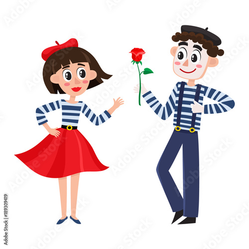 vector flat cartoon man mime clown in blue and white striped pullover, beret giving rpse to parisian woman in long skirt, red beret. France culture concept Isolated illustration on a white background.
