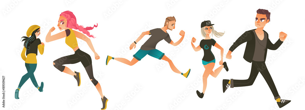 Set of frightened, scared people, men and women, running away in fear and  panic, flat cartoon vector illustration isolated on white background.  Scared young people running away from something Stock Vector |