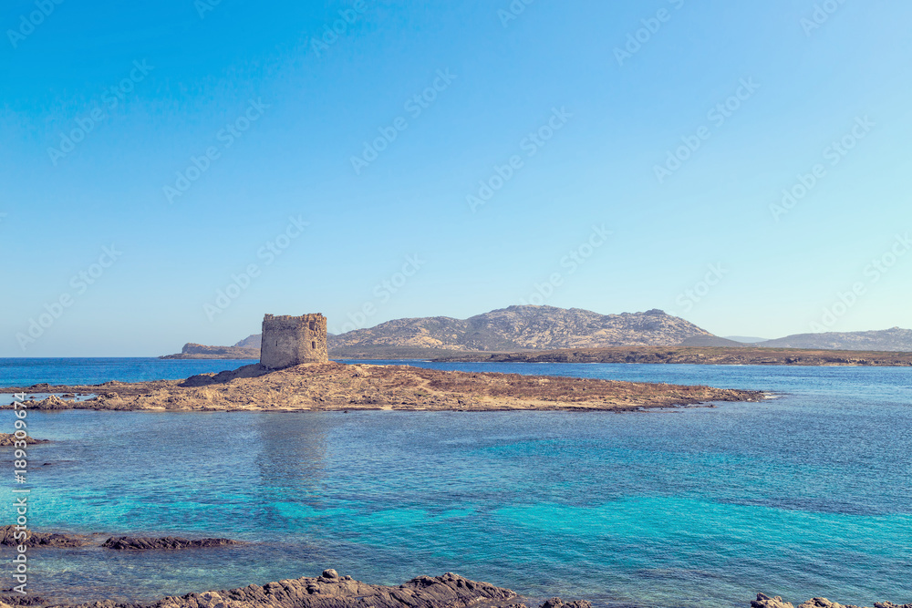 View of La Pelosa beach, Sardinia, Italy.