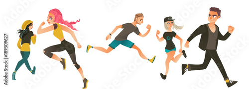 Set of frightened, scared people, men and women, running away in fear and panic, flat cartoon vector illustration isolated on white background. Scared young people running away from something