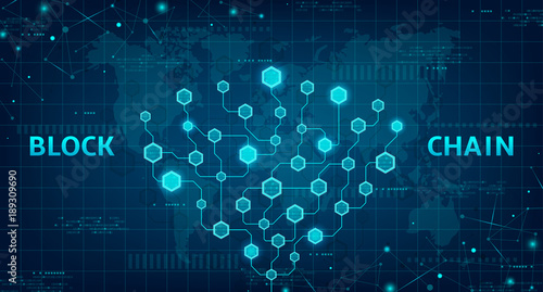 Abstract Blockchain concept Web Banner. Modern Concept of Digital Technology in the Shape of Block Chain with Binary Code Cells. Vector Illustration with Network Circuit.