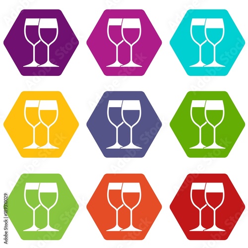 Wine glasses icon set color hexahedron