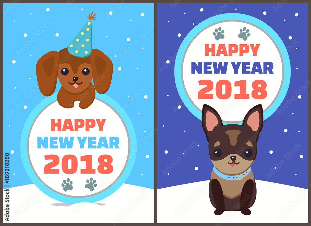 Fototapeta premium Happy New Year 2018 Dogs Set Vector Illustration