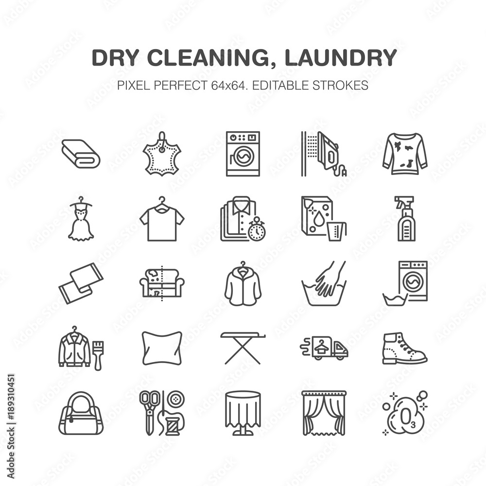 Dry cleaning, laundry flat line icons. Launderette service equipment, washer machine, shoe shine, clothes repair, garment ironing and steaming. Washing thin linear signs. Pixel perfect 64x64. Dry cleaning, laundry flat line icons. Launderette service equipment, washer machine, shoe shine, clothes repair, garment ironing and steaming. Washing thin linear signs. Pixel perfect 64x64.