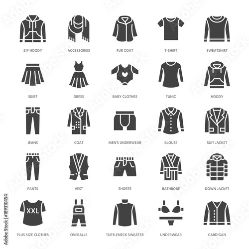 Clothing, fasion flat glyph icons. Mens, womens apparel - dress, down jacket, jeans, underwear, sweatshirt. Silhouette signs for clothes and accessories store. Pixel perfect 64x64.
