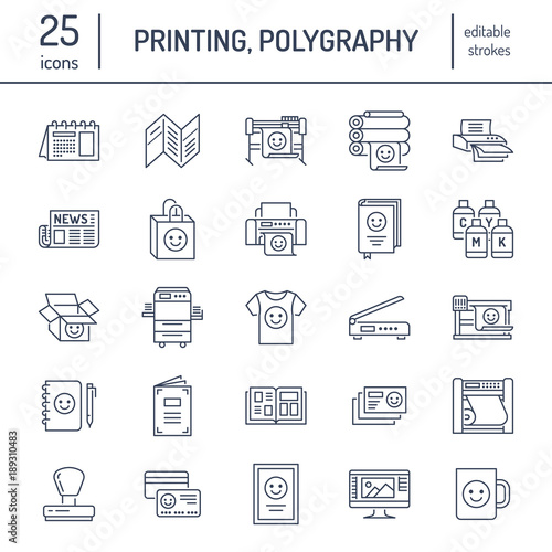 Printing house flat line icons. Print shop equipment - printer, scanner, offset machine, plotter, brochure, rubber stamp. Thin linear signs for polygraphy office, typography.